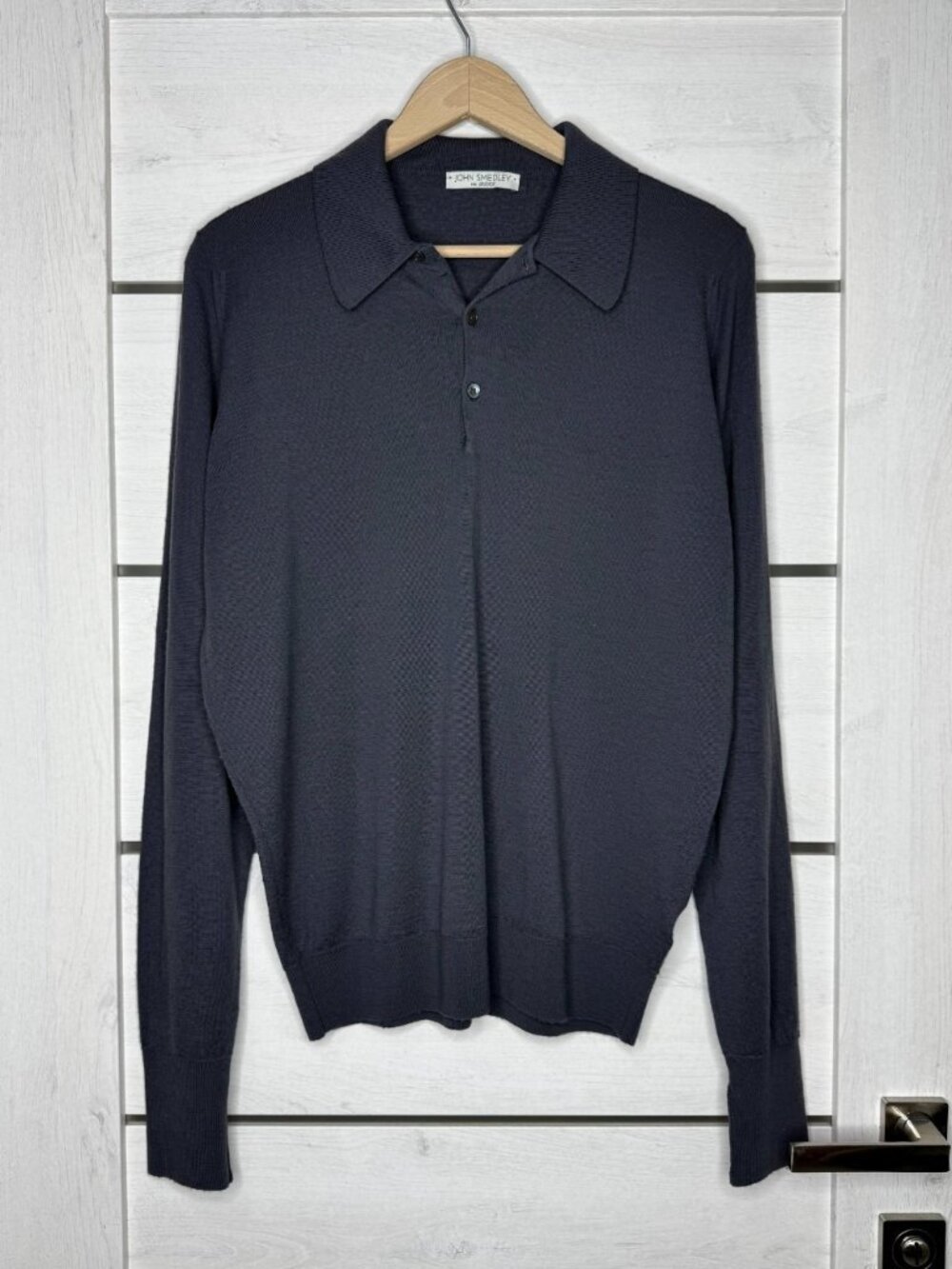JOHN SMEDLEY For Berk L Charcoal Gray Merino Wool Long Sleeve Knit Polo England